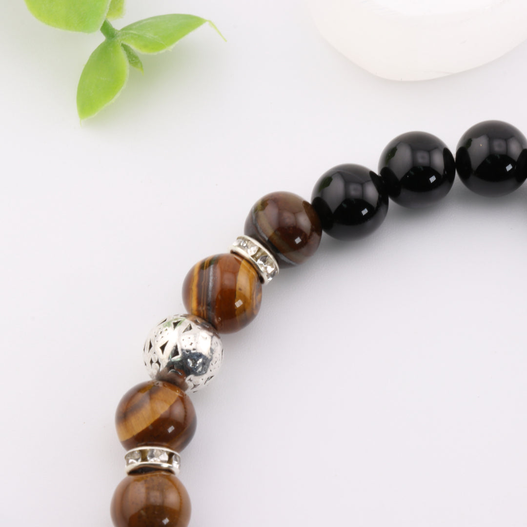 Pulsera de ónix negro natural y ojo de tigre – Elegante detalle plateado, cuentas de 8 mm | Energía y equilibrio