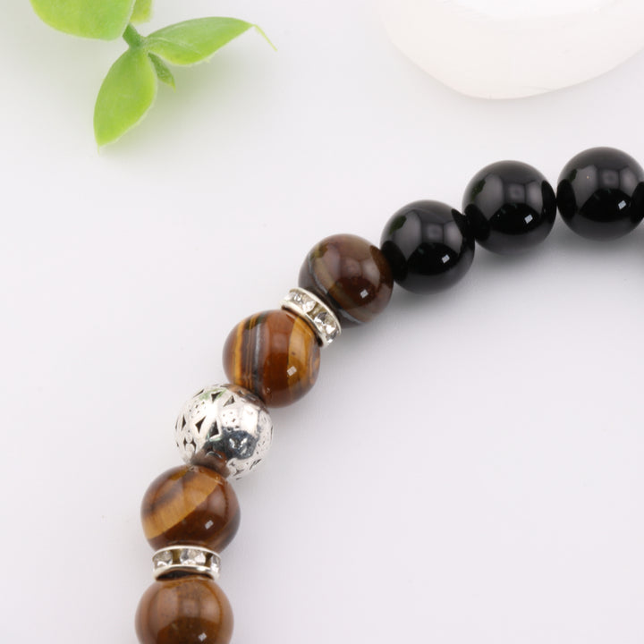 Pulsera de ónix negro natural y ojo de tigre – Elegante detalle plateado, cuentas de 8 mm | Energía y equilibrio
