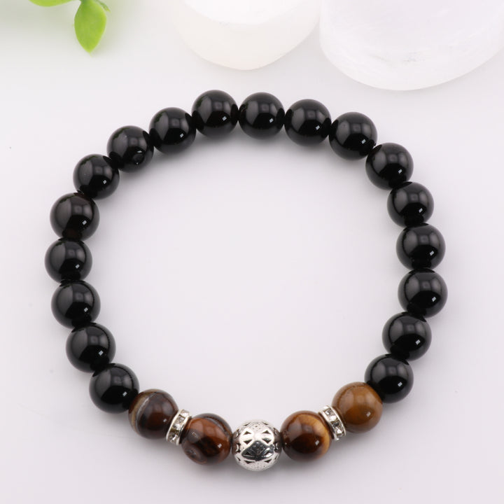 Pulsera de ónix negro natural y ojo de tigre – Elegante detalle plateado, cuentas de 8 mm | Energía y equilibrio