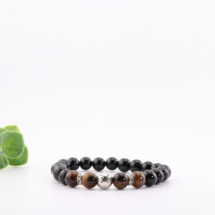 Pulsera de ónix negro natural y ojo de tigre – Elegante detalle plateado, cuentas de 8 mm | Energía y equilibrio