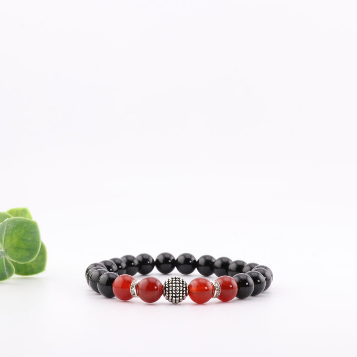 Pulsera de ónix negro natural y cornalina con cuentas de plata de 8 mm, joyería energética de cristal.