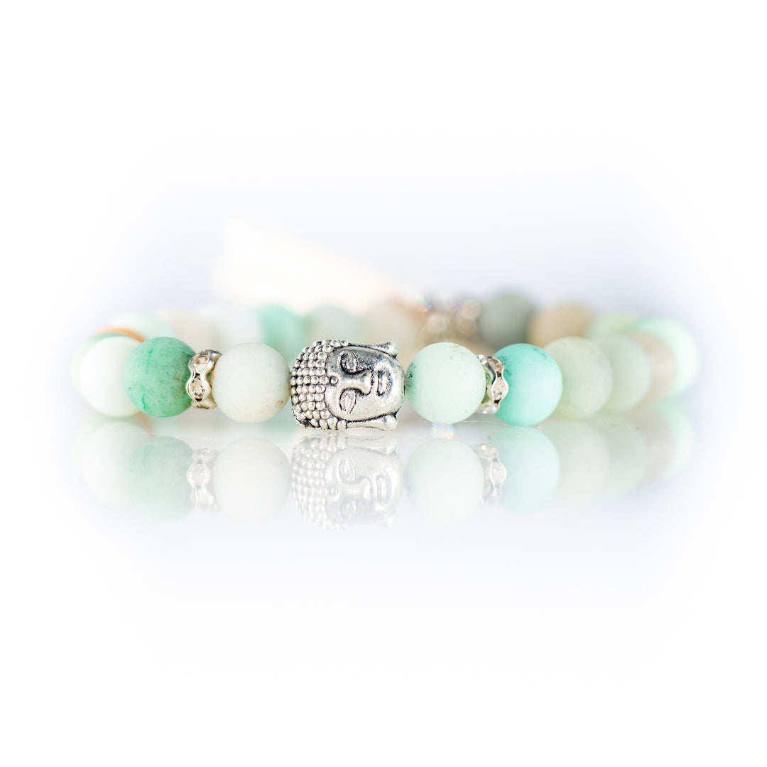 Natural Frosted Amazonite Gemstone Bracelet, 8mm - with Lotus and Buddha Head Charm & Tassel