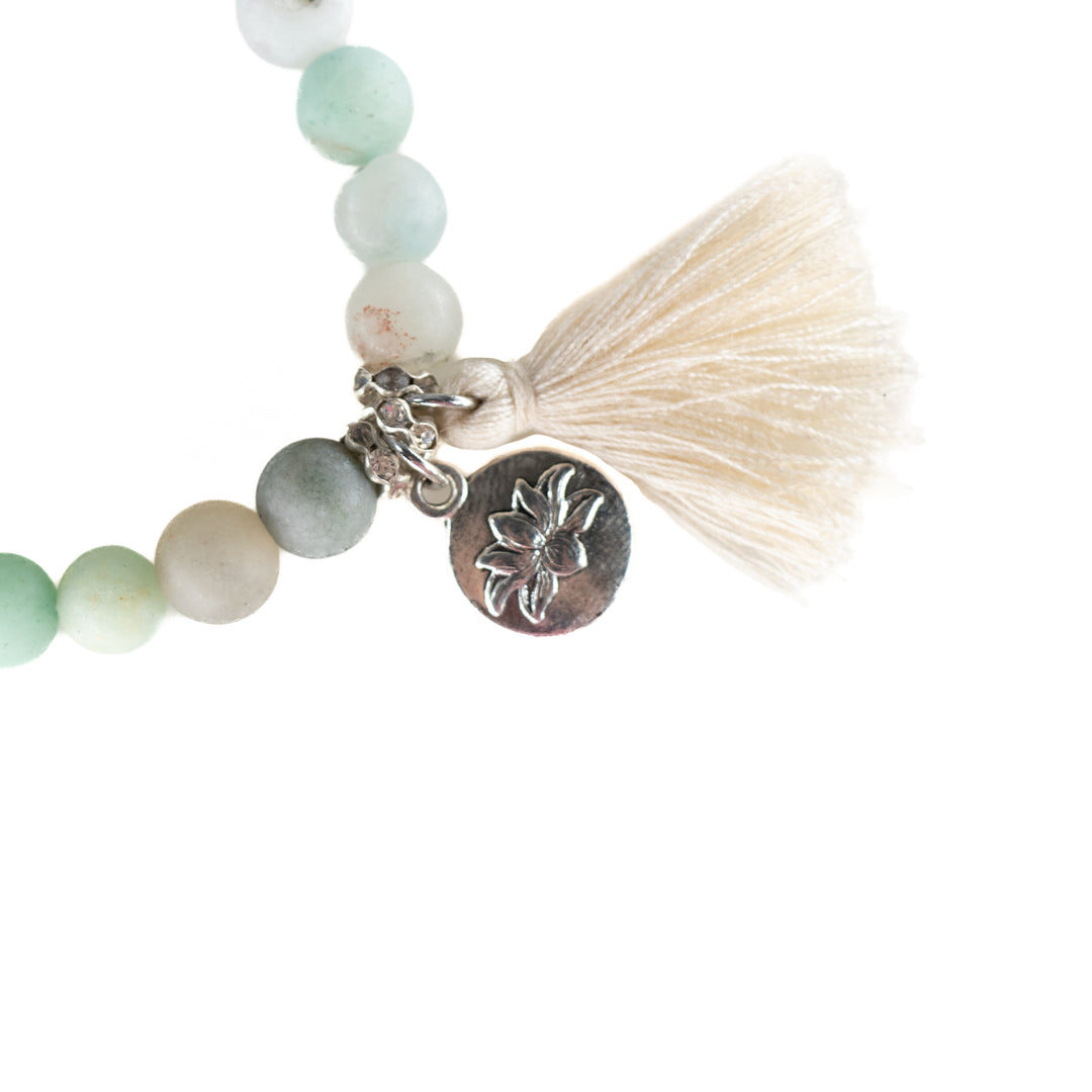 Natural Frosted Amazonite Gemstone Bracelet, 8mm - with Lotus and Buddha Head Charm & Tassel