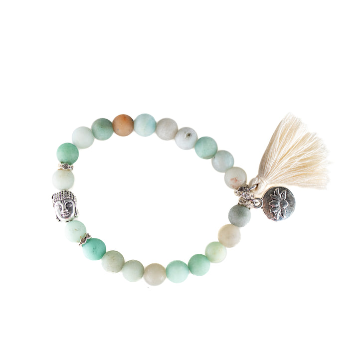 Natural Frosted Amazonite Gemstone Bracelet, 8mm - with Lotus and Buddha Head Charm & Tassel