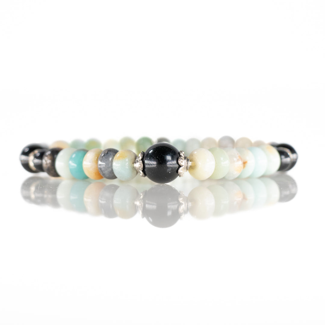 Natural Amazonite with Obsidian Gemstone Bracelet, 8mm - with Omm & Lotus Charm