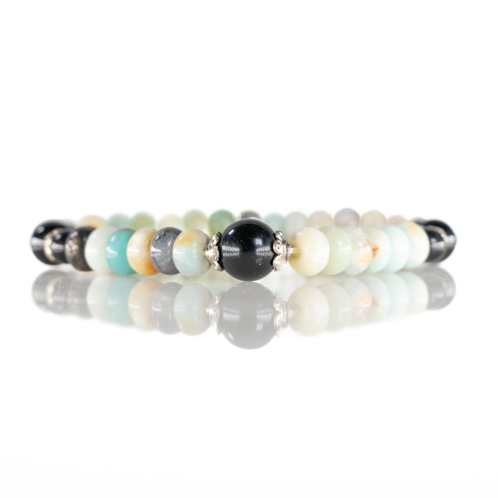 Natural Amazonite with Obsidian Gemstone Bracelet, 8mm - with Omm & Lotus Charm