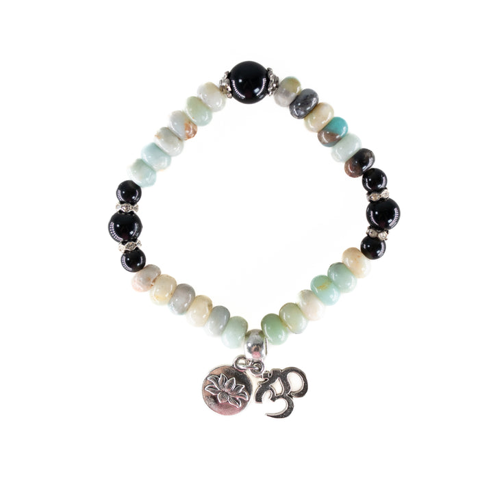 Natural Amazonite with Obsidian Gemstone Bracelet, 8mm - with Omm & Lotus Charm