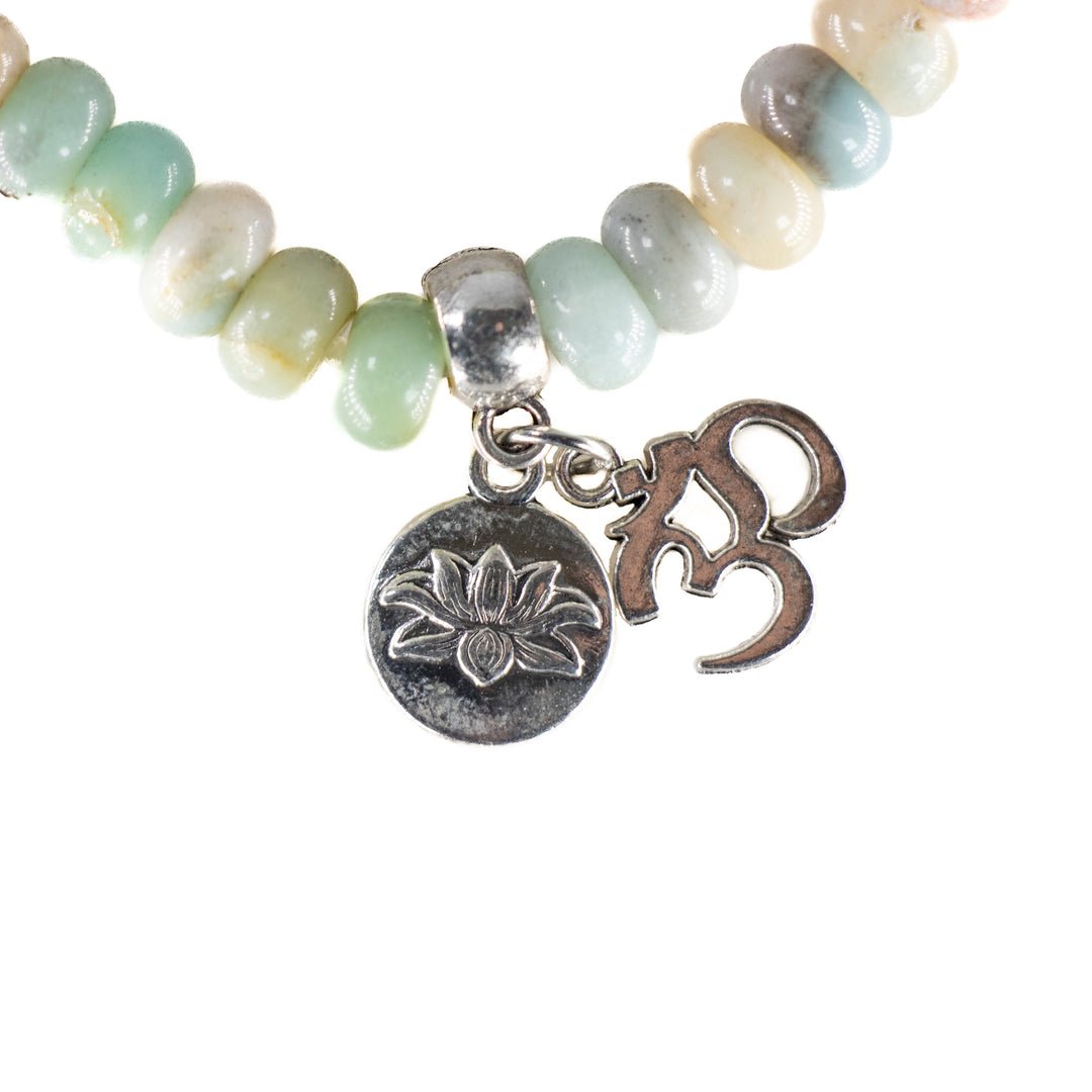 Natural Amazonite with Obsidian Gemstone Bracelet, 8mm - with Omm & Lotus Charm