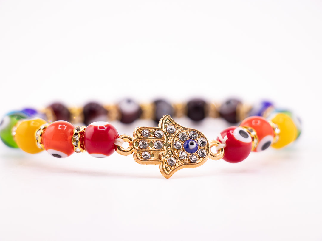 Pulsera de protección contra el mal de ojo - Nazar - Cuentas de lampwork multicolor y dije de Hamsa, dorada, 8 mm