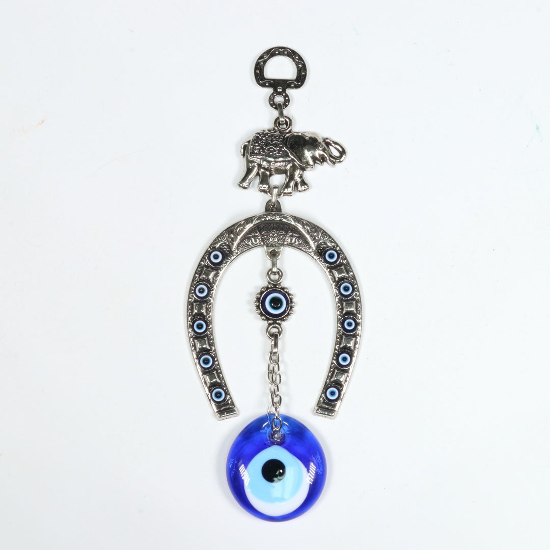 Decoración de pared auténtica de herradura con forma de Nazar/Ojo Maligno y figura de elefante, 20 cm