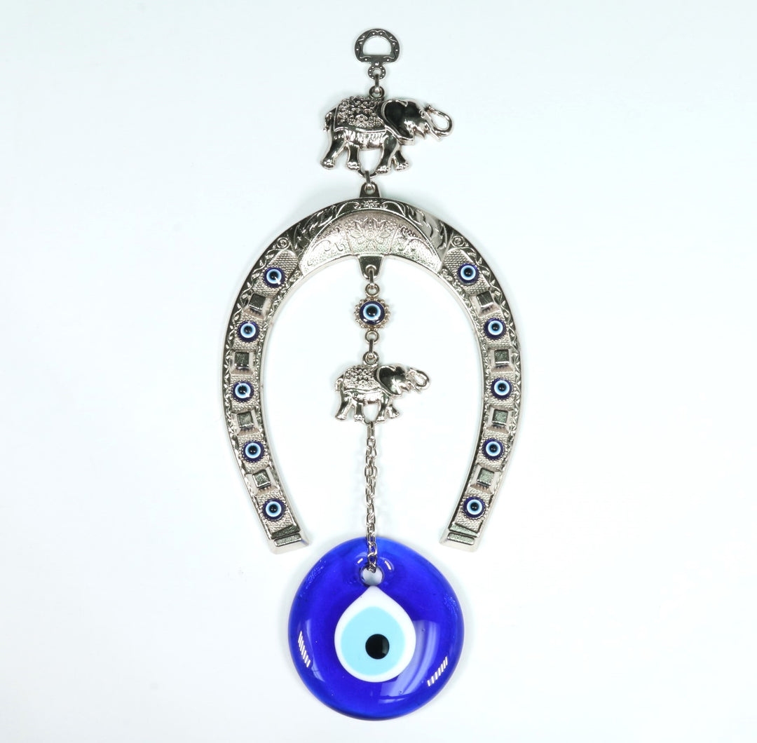 Decoración de pared auténtica de herradura con forma de Nazar/Ojo Maligno y figura de elefante, 33 cm