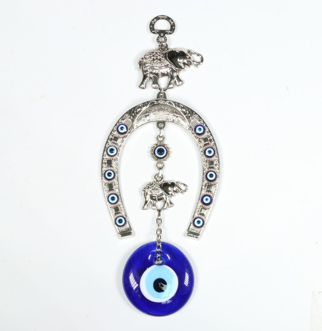 Decoración de pared auténtica de herradura con forma de Nazar/Ojo Maligno y figura de elefante, 25 cm