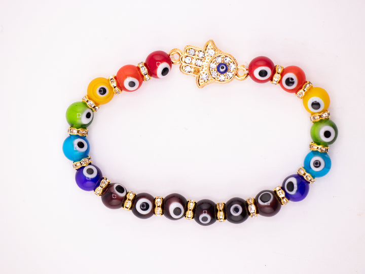 Pulsera de protección contra el mal de ojo - Nazar - Cuentas de lampwork multicolor y dije de Hamsa, dorada, 8 mm
