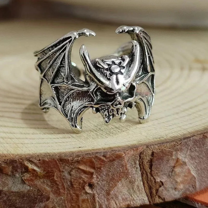 Skull with Horns & Wings Ring in Silver Finish