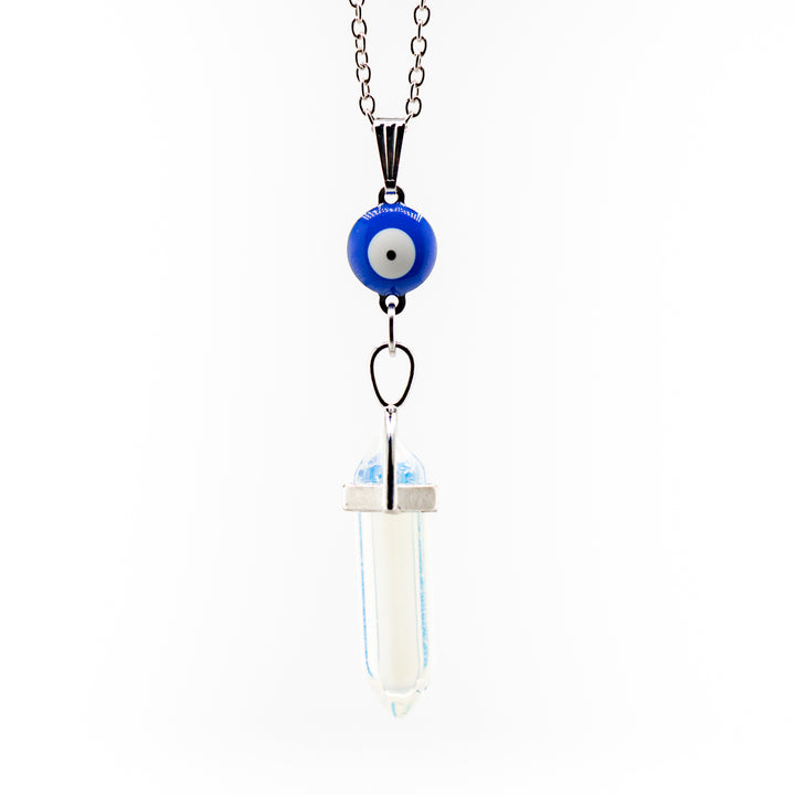 Collar con colgante de punta de piedra de opalita hecho a mano con dije de mal de ojo