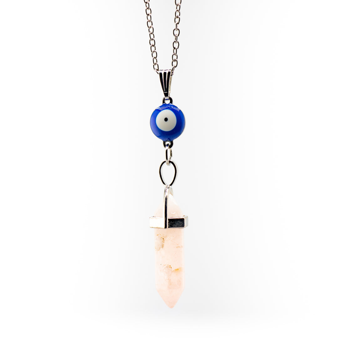 Rose Quartz Point Pendant Necklace with Evil Eye Charm - Handcrafted Crystal Jewelry