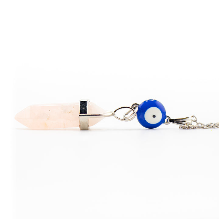 Rose Quartz Point Pendant Necklace with Evil Eye Charm - Handcrafted Crystal Jewelry