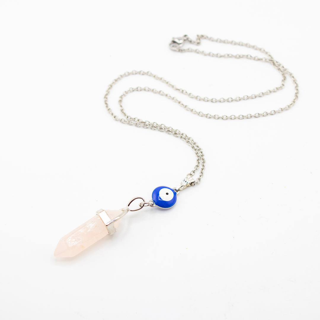 Rose Quartz Point Pendant Necklace with Evil Eye Charm - Handcrafted Crystal Jewelry