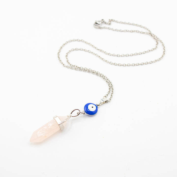 Rose Quartz Point Pendant Necklace with Evil Eye Charm - Handcrafted Crystal Jewelry