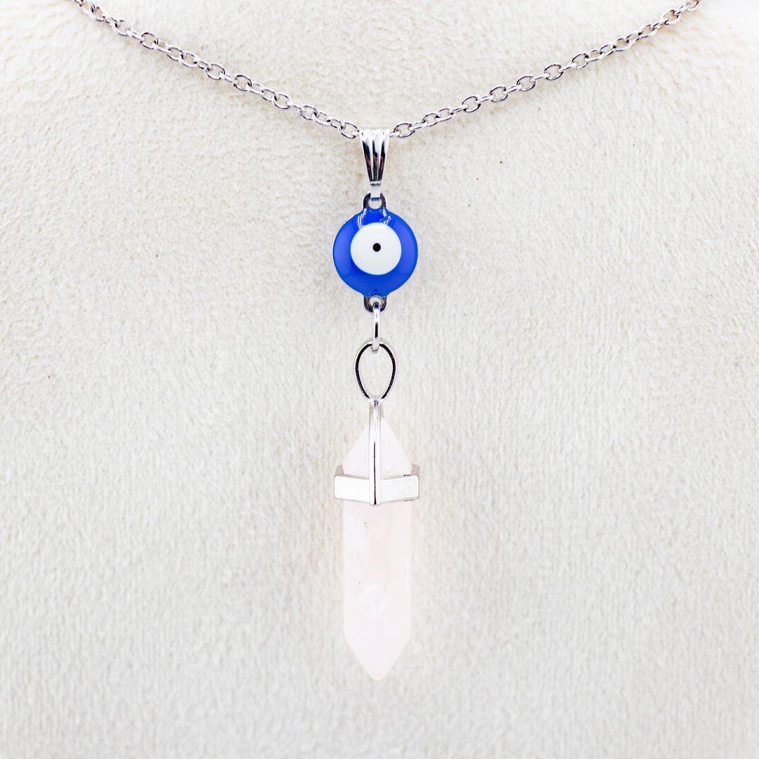 Rose Quartz Point Pendant Necklace with Evil Eye Charm - Handcrafted Crystal Jewelry