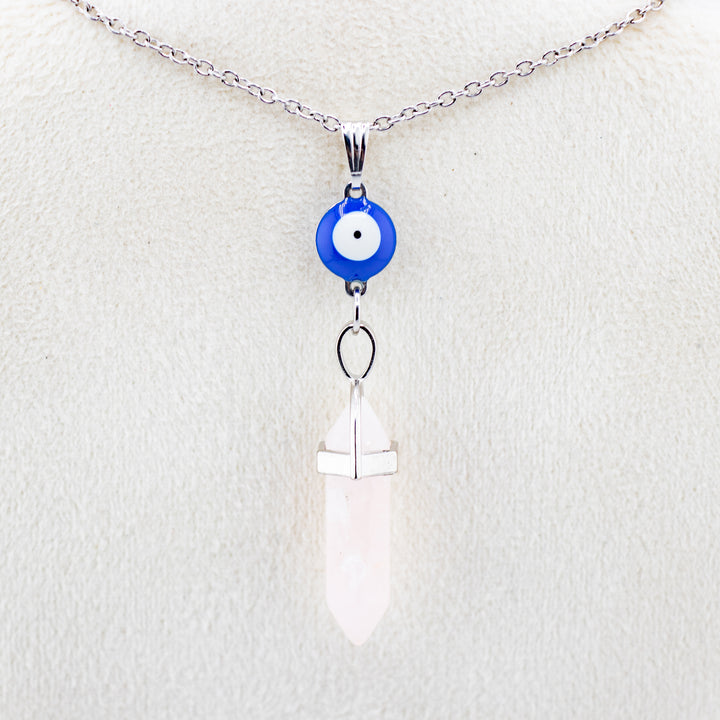 Rose Quartz Point Pendant Necklace with Evil Eye Charm - Handcrafted Crystal Jewelry