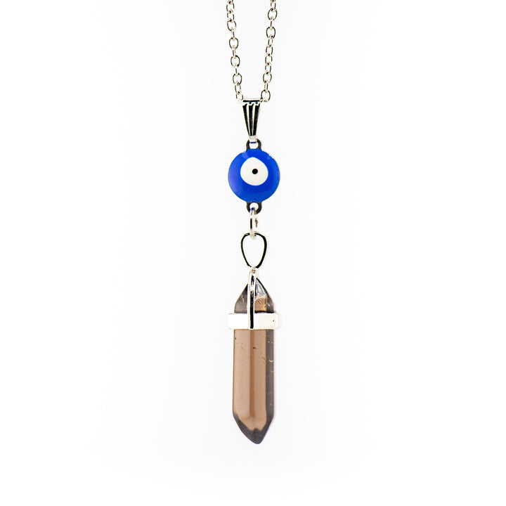 Collar con colgante de punta de piedra de cuarzo ahumado natural hecho a mano con dije de mal de ojo