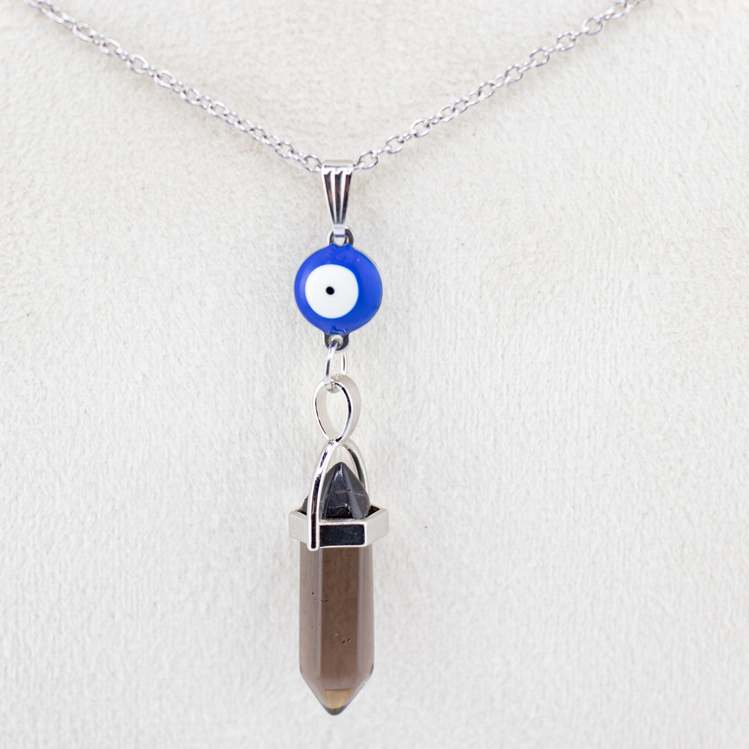 Collar con colgante de punta de piedra de cuarzo ahumado natural hecho a mano con dije de mal de ojo