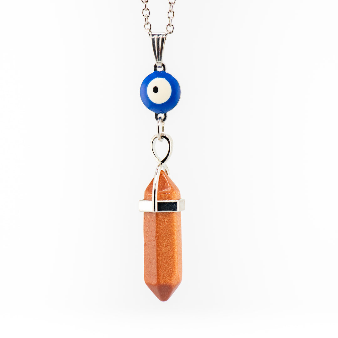 Red Gold Stone Point Pendant Necklace with Evil Eye Charm - Handcrafted Crystal Jewelry