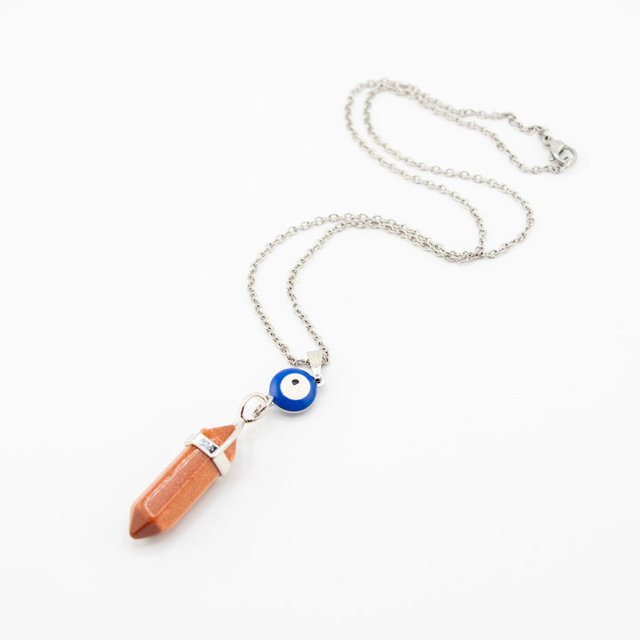 Red Gold Stone Point Pendant Necklace with Evil Eye Charm - Handcrafted Crystal Jewelry