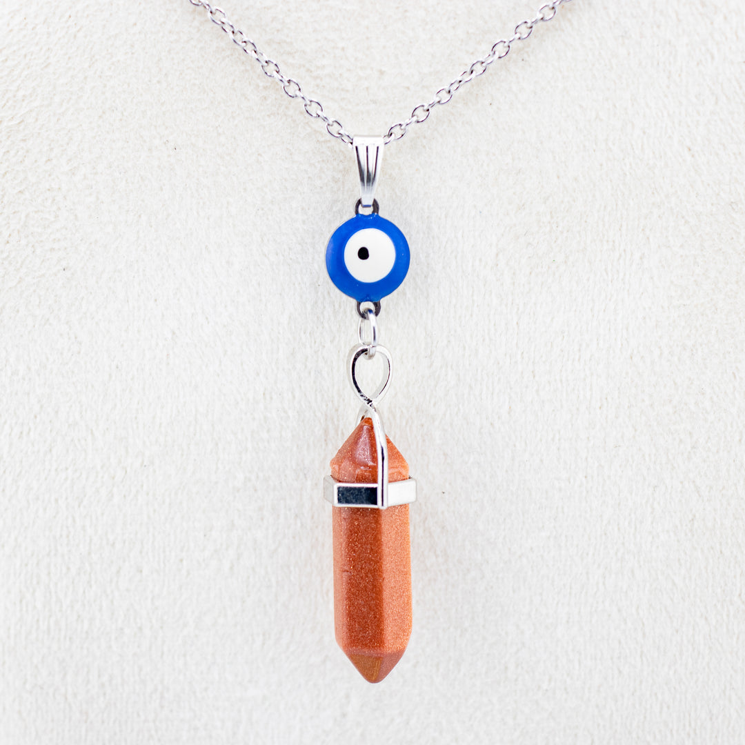 Red Gold Stone Point Pendant Necklace with Evil Eye Charm - Handcrafted Crystal Jewelry