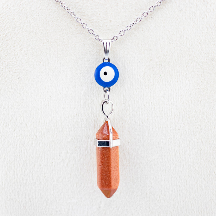Red Gold Stone Point Pendant Necklace with Evil Eye Charm - Handcrafted Crystal Jewelry