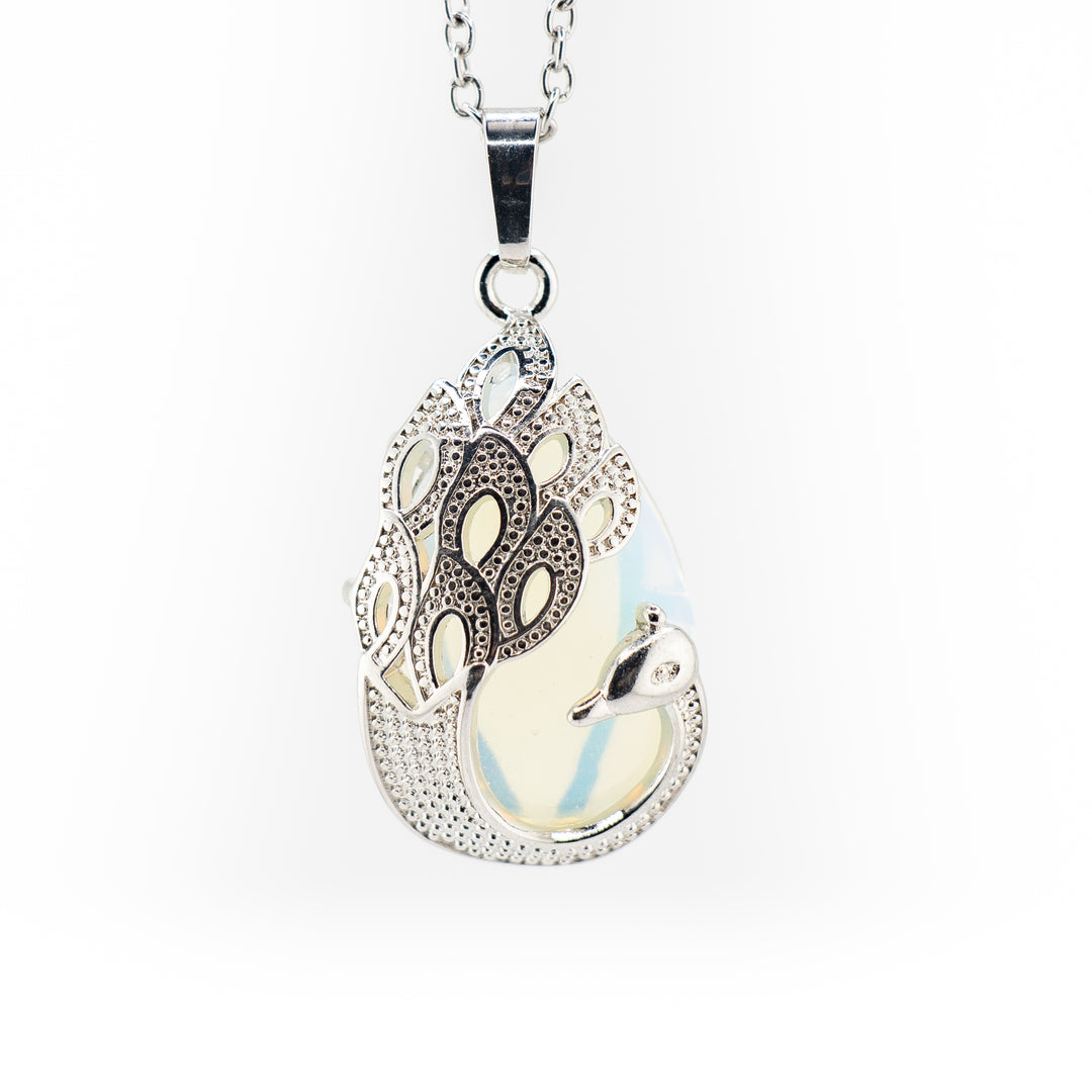 Handcrafted Teardrop Necklace - Opalite Gemstone with Peacock Motif
