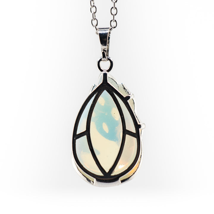 Handcrafted Teardrop Necklace - Opalite Gemstone with Peacock Motif