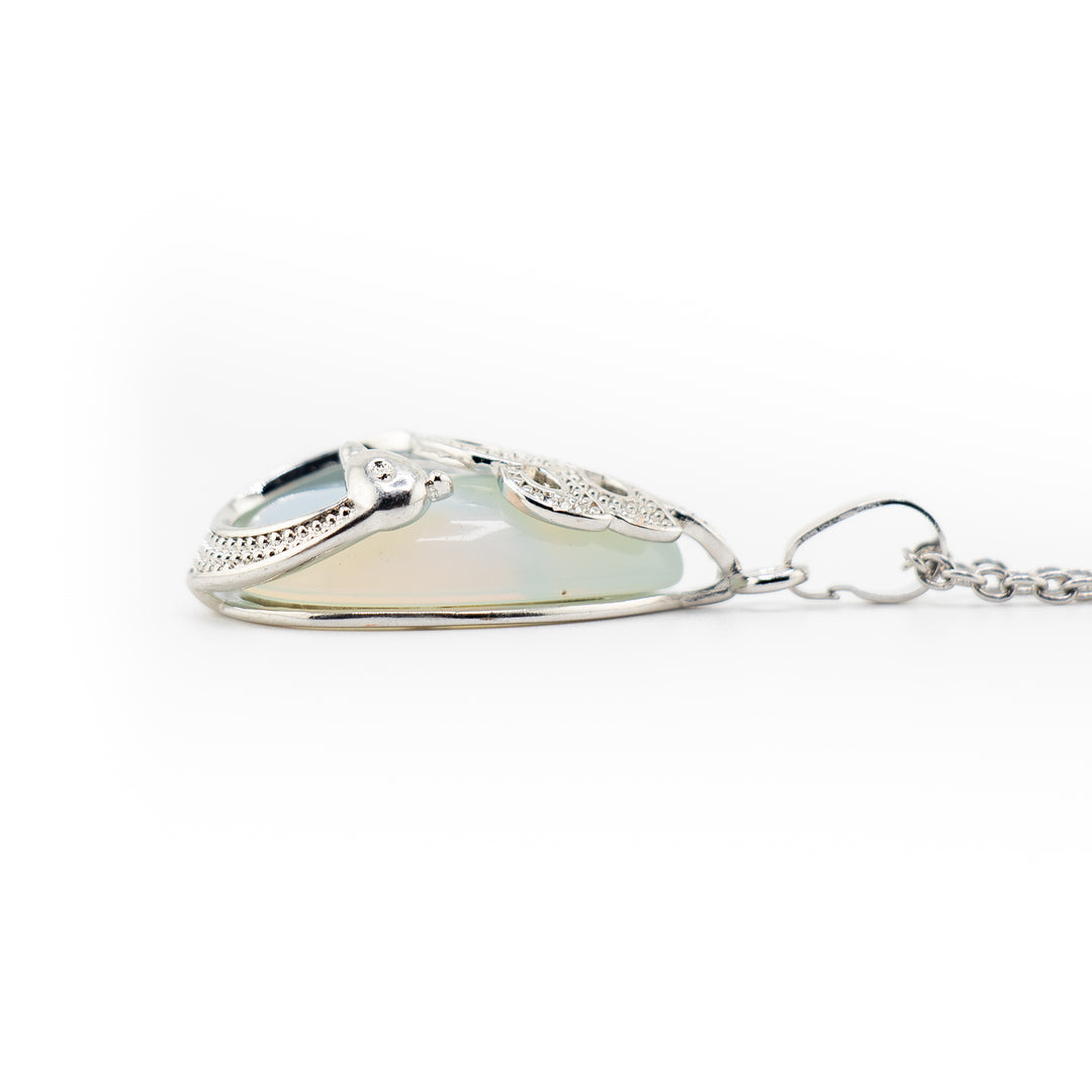 Handcrafted Teardrop Necklace - Opalite Gemstone with Peacock Motif