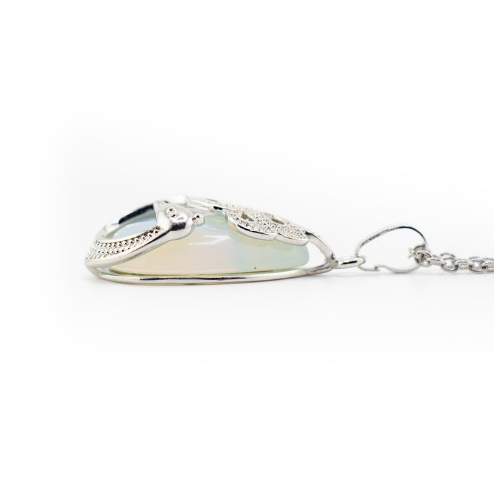 Handcrafted Teardrop Necklace - Opalite Gemstone with Peacock Motif