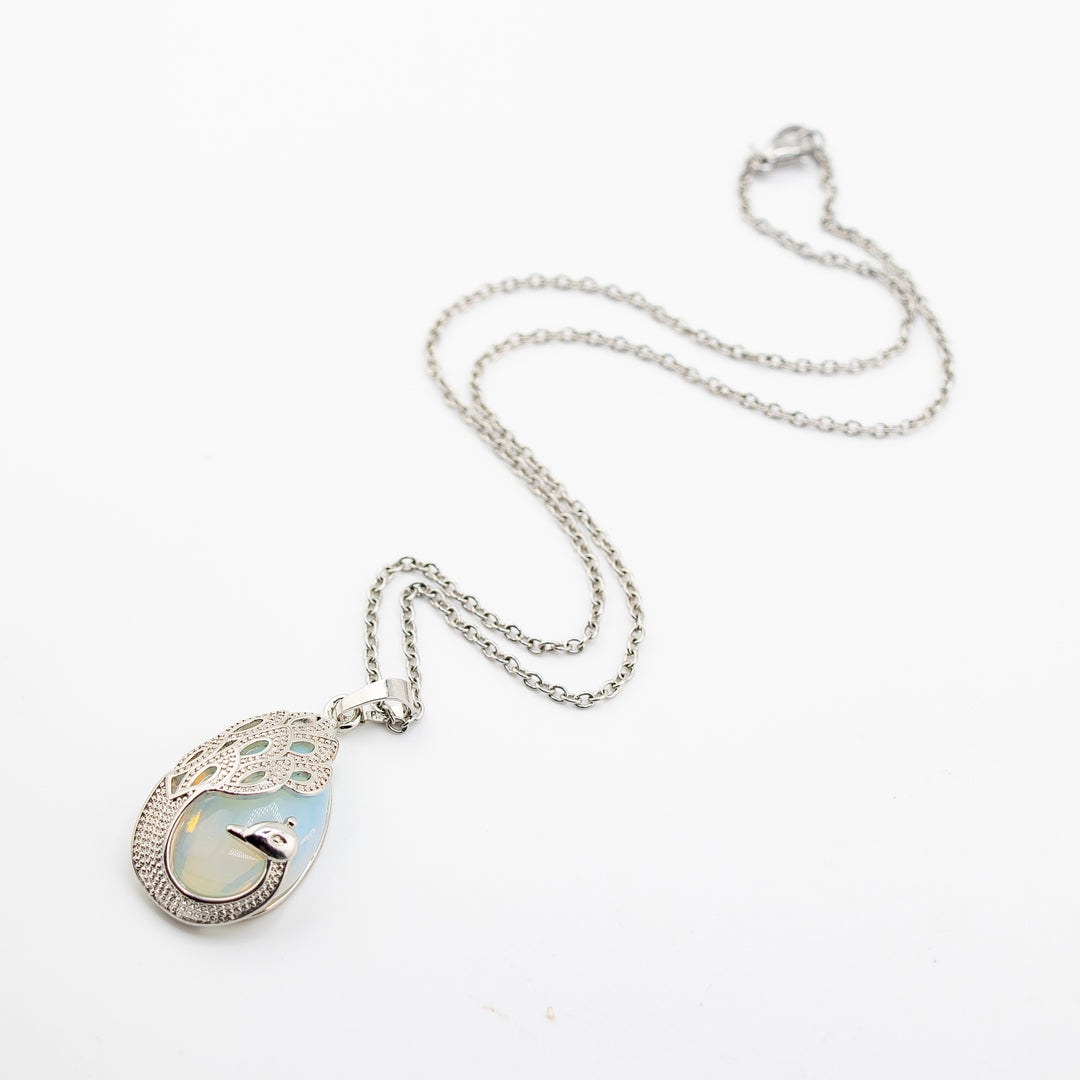 Handcrafted Teardrop Necklace - Opalite Gemstone with Peacock Motif