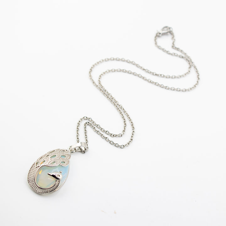 Handcrafted Teardrop Necklace - Opalite Gemstone with Peacock Motif
