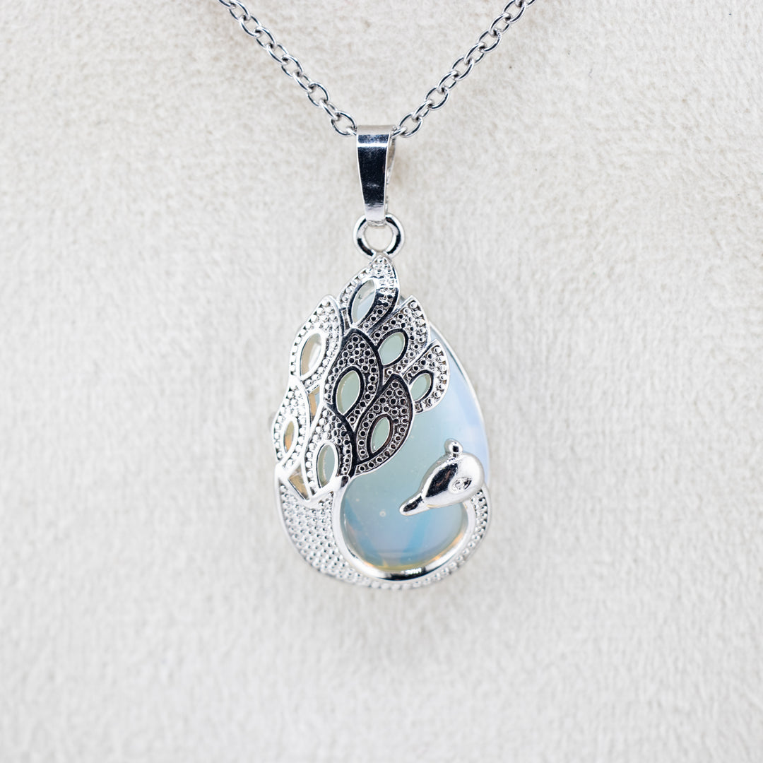 Handcrafted Teardrop Necklace - Opalite Gemstone with Peacock Motif