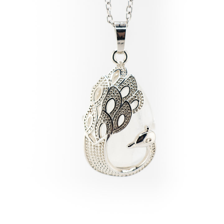 Handcrafted Natural Clear Quartz Teardrop Pendant  - Peacock Motif Gemstone Necklace