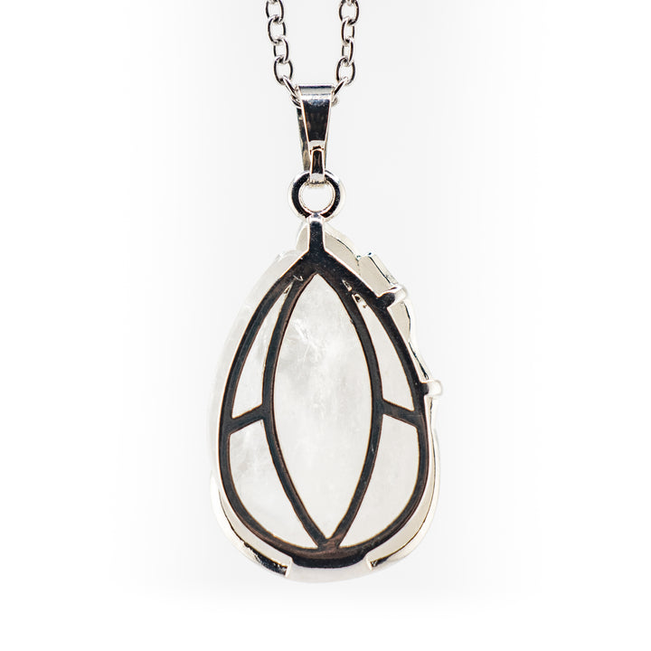 Handcrafted Natural Clear Quartz Teardrop Pendant  - Peacock Motif Gemstone Necklace