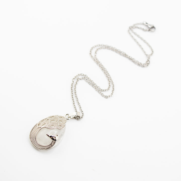 Handcrafted Natural Clear Quartz Teardrop Pendant  - Peacock Motif Gemstone Necklace