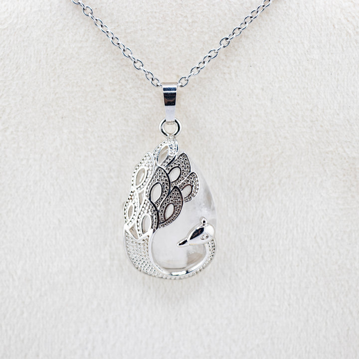 Handcrafted Natural Clear Quartz Teardrop Pendant  - Peacock Motif Gemstone Necklace