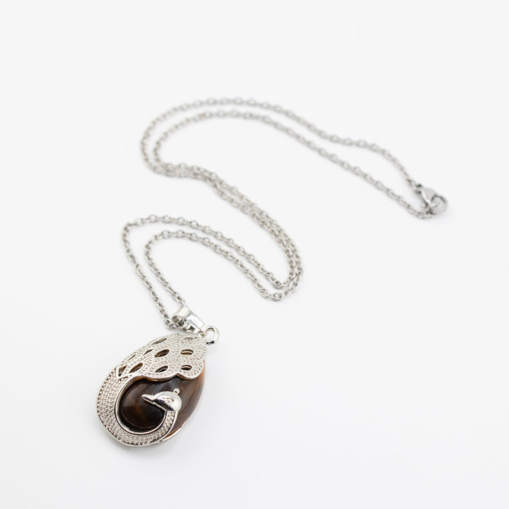 Colgante de lágrima de ojo de tigre natural hecho a mano - Collar con piedras preciosas y motivo de pavo real