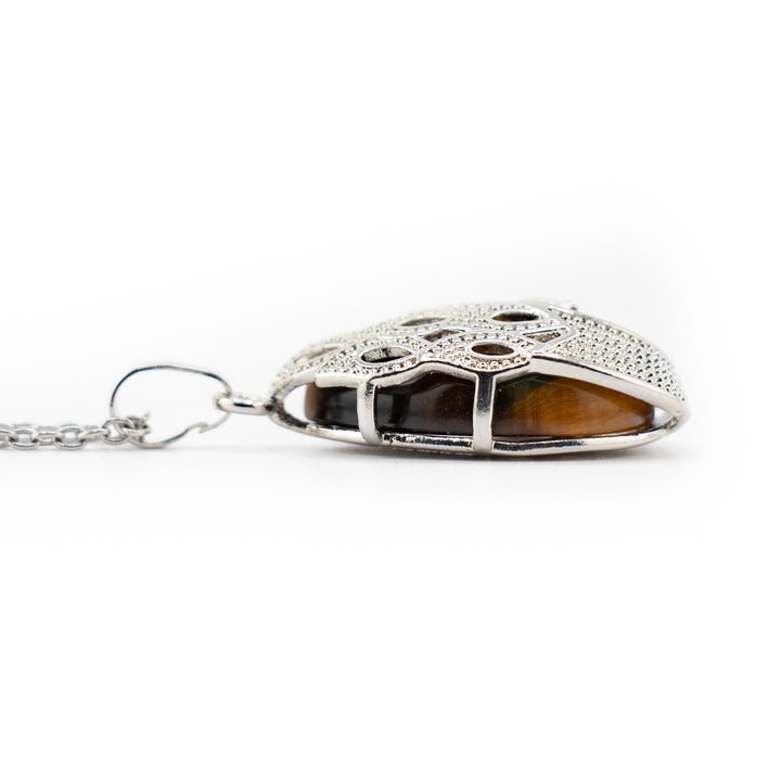 Colgante de lágrima de ojo de tigre natural hecho a mano - Collar con piedras preciosas y motivo de pavo real