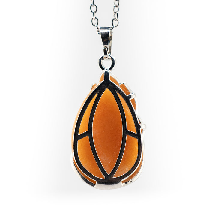 Handcrafted Natural Red Aventurine Teardrop Pendant - Peacock Feather Necklace