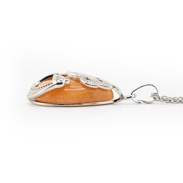 Handcrafted Natural Red Aventurine Teardrop Pendant - Peacock Feather Necklace