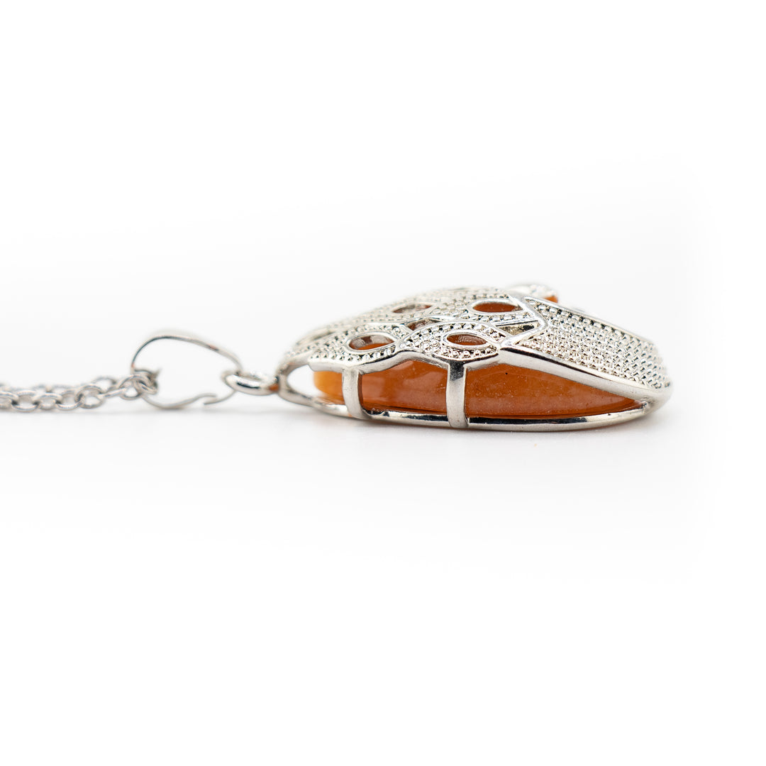 Handcrafted Natural Red Aventurine Teardrop Pendant - Peacock Feather Necklace