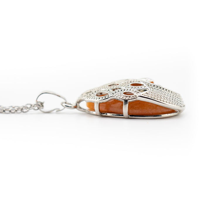 Handcrafted Natural Red Aventurine Teardrop Pendant - Peacock Feather Necklace
