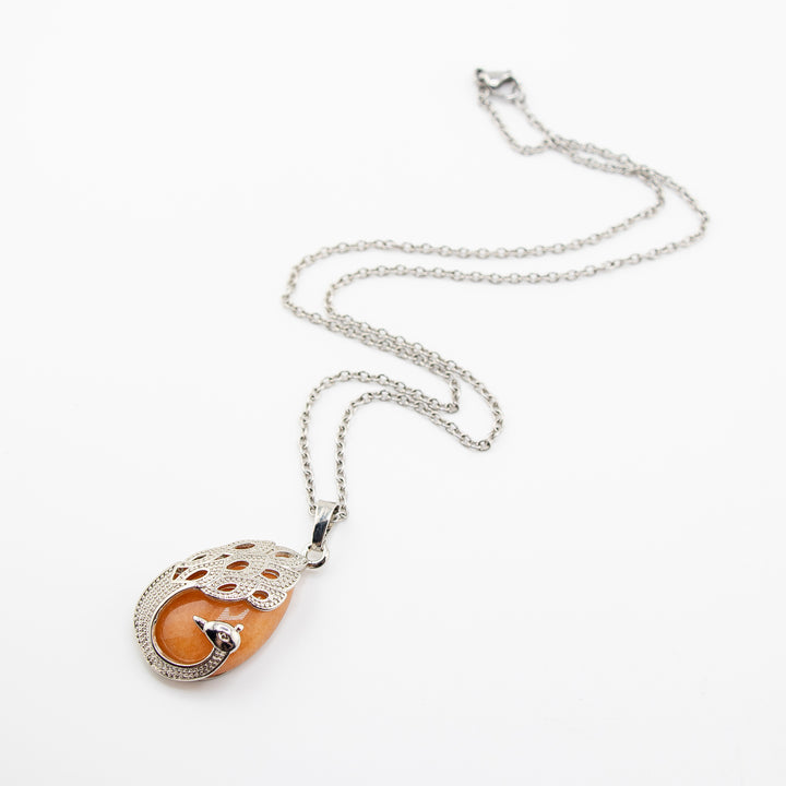 Handcrafted Natural Red Aventurine Teardrop Pendant - Peacock Feather Necklace
