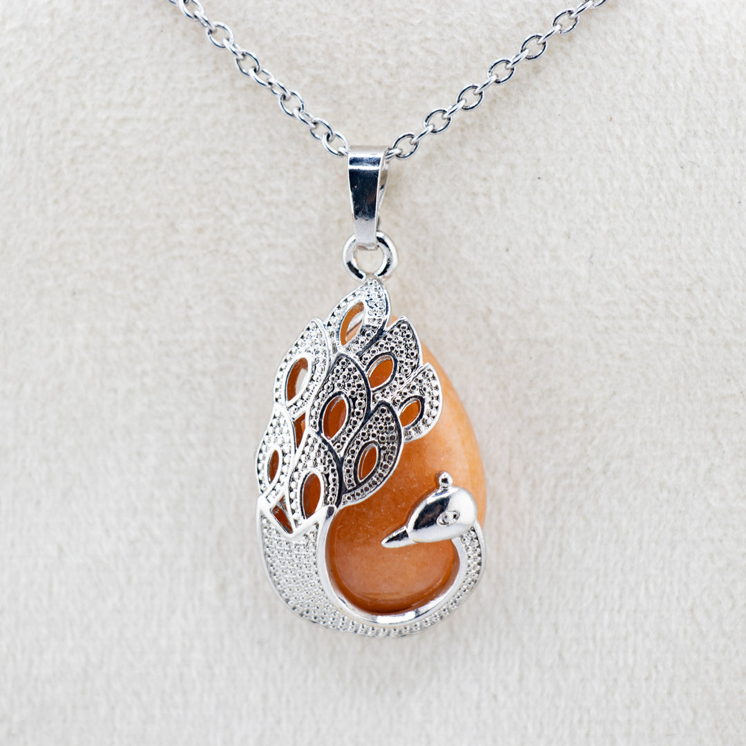 Handcrafted Natural Red Aventurine Teardrop Pendant - Peacock Feather Necklace